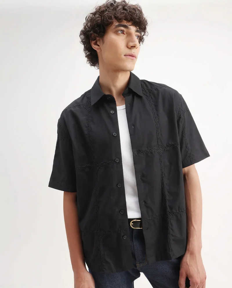 Rare Rabbit Rare Rabbit Men's Basko Black Cotton Fabric Short Sleeve Collared Neck Button Closure Embroidered Shirt
