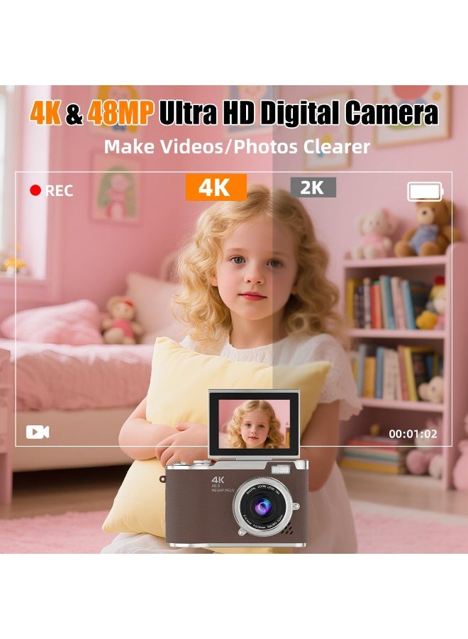 4K Digital Camera,Autofocus 48MP Selfie Vlogging Camera Compact Point and Shoot Camera with 180° Flip Screen,128GB Card Photography Gifts for Beginners Kids Teens - Image 2