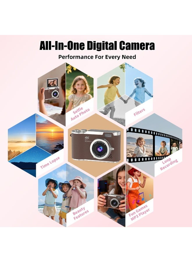 4K Digital Camera,Autofocus 48MP Selfie Vlogging Camera Compact Point and Shoot Camera with 180° Flip Screen,128GB Card Photography Gifts for Beginners Kids Teens - Image 5