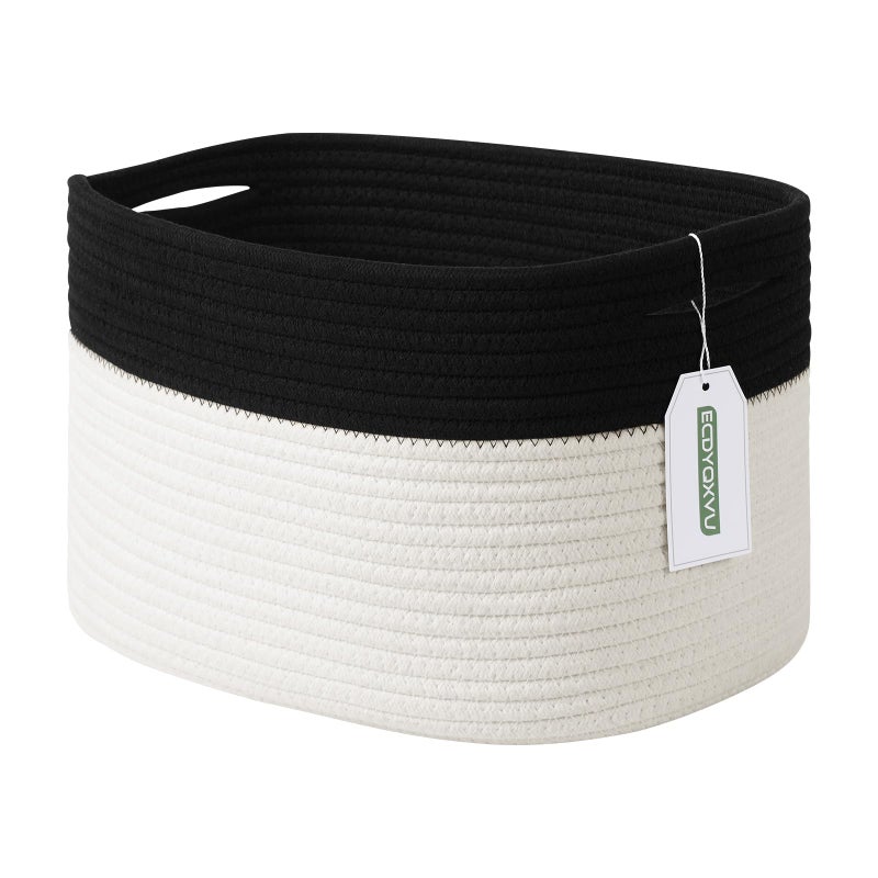 ECDYQXVU Cotton Rope Storage Basket 15x10x9 Inches Woven Basket for Shelves Clothes Towels Books and Laundry Black White 1 Pack - Image 2