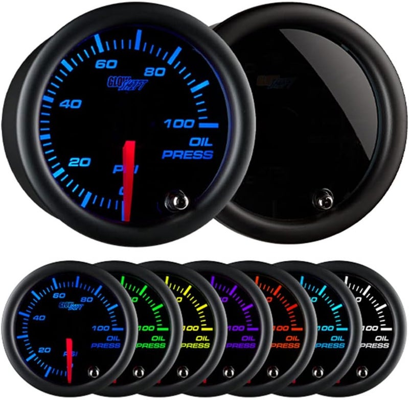 GLOWSHIFT Tinted 7 Color 100 PSI Oil Pressure Gauge Kit - Includes 1/8-27 NPT Electronic Sensor & Wiring - Multi-Color Display - Black Dial - Smoked Lens - for Car & Truck - 2-1/16" 52mm - Image 1