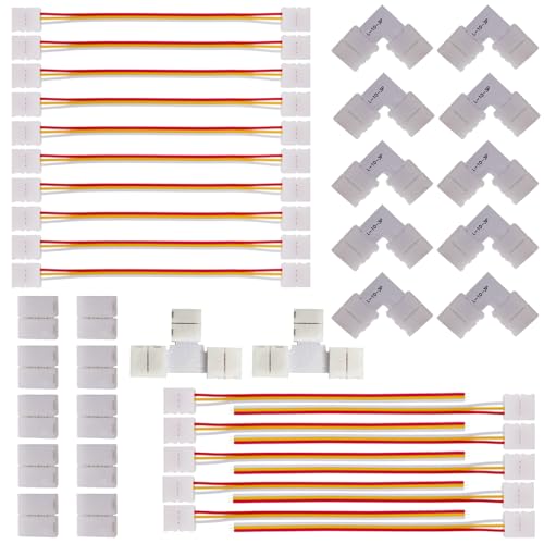FSJEE 3 Pin LED Strip Connector Kit, Include LED Corner Connector, Unwired Gapless and T Shape Connector,Strip to Strip and Strip to Controller Jumper for 10mm 3Pin WS2811 WS2812 LED Strip - Image 1