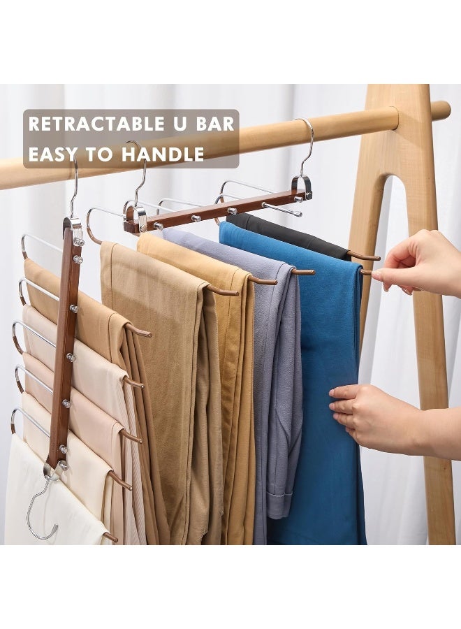 HOUSE DAY Pants Hangers Space Saving, Wood Jean Hangers for Closet, Non Slip Multi Functional Pants Rack Hanger Multiuse Pant Organizer for Closet Space Saving Hangers for Pants (4PACK, Walnut) - Image 4