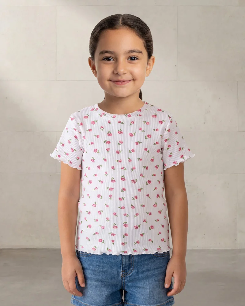 Redtag Girls White Floral Allover Print Rib T-Shirt with Frill Details