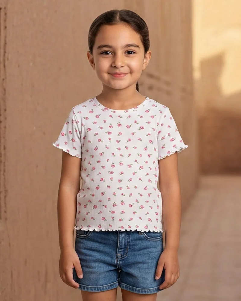 Redtag Girls White Floral Allover Print Rib T-Shirt with Frill Details
