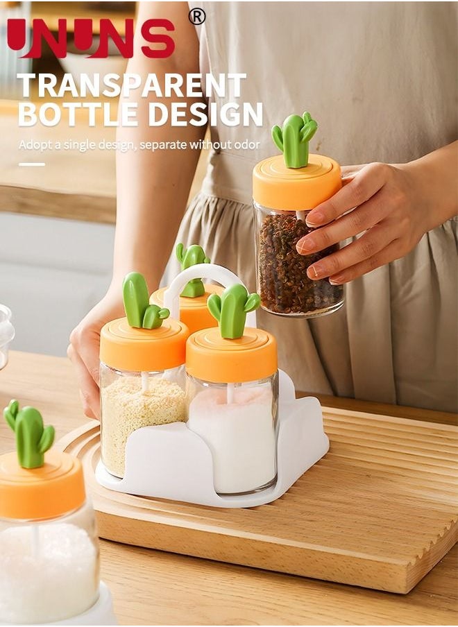UNUNS - 4-Piece Spice Jar Set,Cactus Shaped Glass Jar Ornament Container With Portable Holder,2 In 1 Lid And Spoon,Sealed Seasoning Box For Kitchen - Image 1