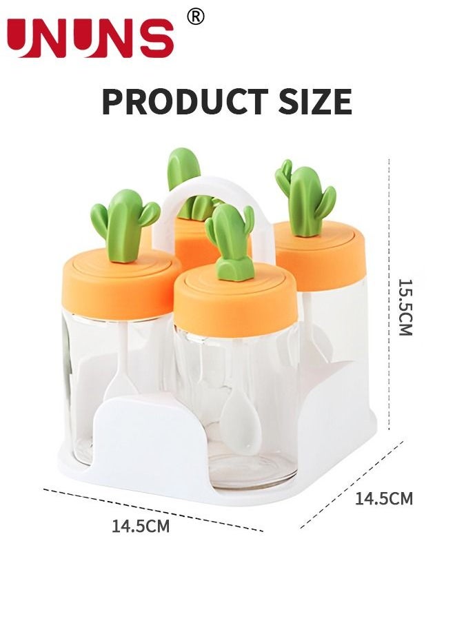 UNUNS - 4-Piece Spice Jar Set,Cactus Shaped Glass Jar Ornament Container With Portable Holder,2 In 1 Lid And Spoon,Sealed Seasoning Box For Kitchen - Image 1