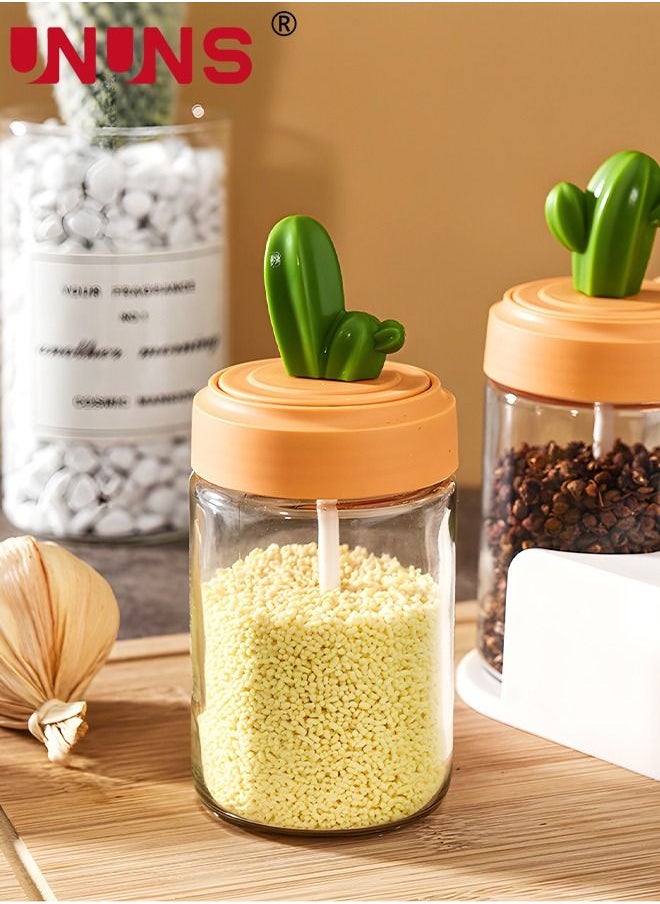 UNUNS - 4-Piece Spice Jar Set,Cactus Shaped Glass Jar Ornament Container With Portable Holder,2 In 1 Lid And Spoon,Sealed Seasoning Box For Kitchen - Image 1