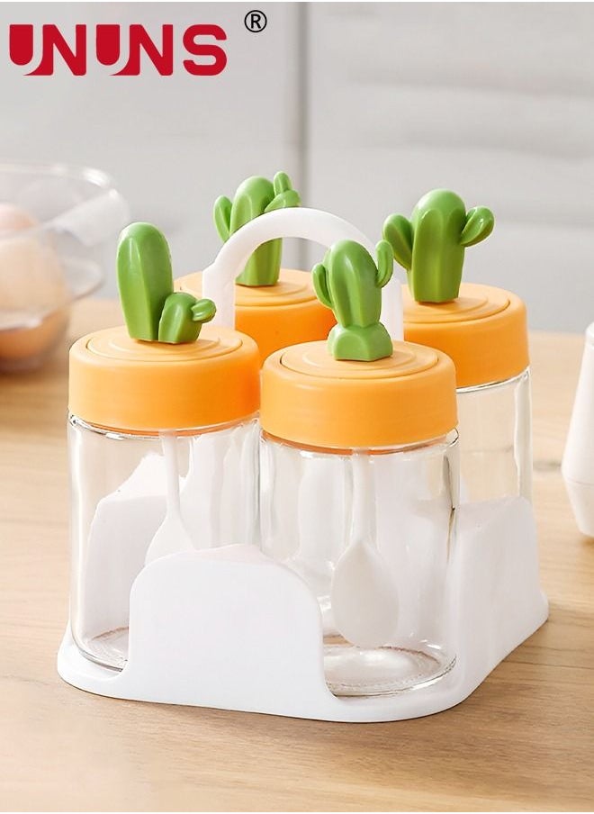 UNUNS - 4-Piece Spice Jar Set,Cactus Shaped Glass Jar Ornament Container With Portable Holder,2 In 1 Lid And Spoon,Sealed Seasoning Box For Kitchen - Image 1