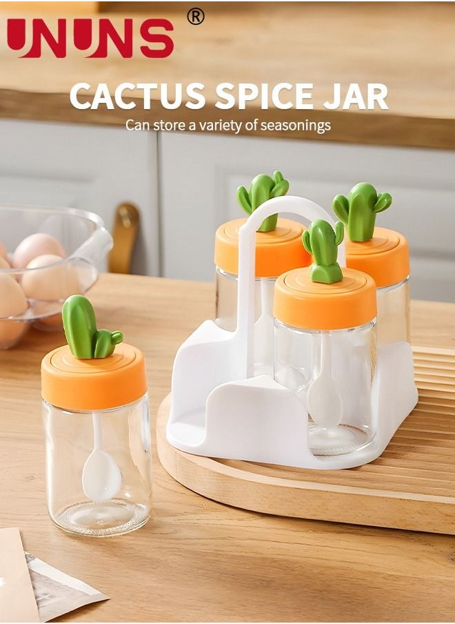 UNUNS - 4-Piece Spice Jar Set,Cactus Shaped Glass Jar Ornament Container With Portable Holder,2 In 1 Lid And Spoon,Sealed Seasoning Box For Kitchen - Image 1
