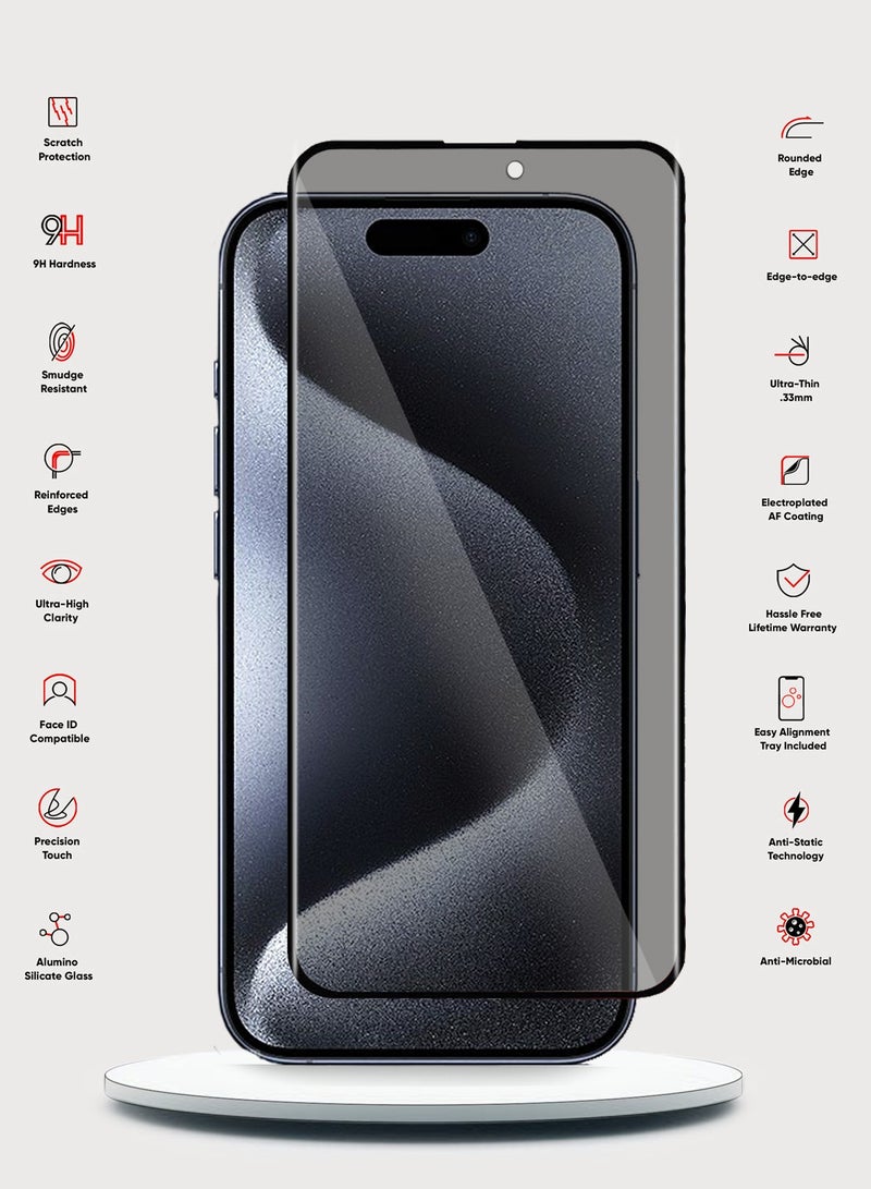 Wtech Apple iPhone 15 Pro 2023 Premium E2E Privacy Full Glue Full Cover Tempered Glass Screen Protector (MSGECP) - Clear/Black  - Image 3