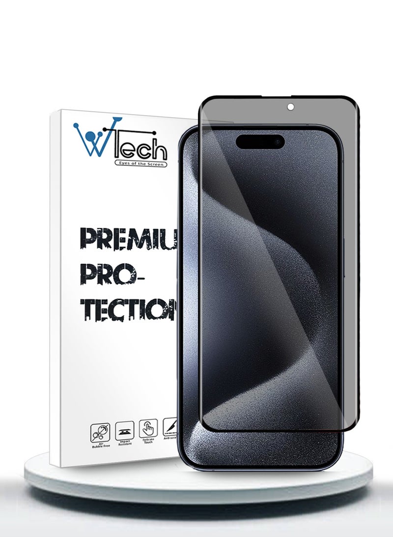 Wtech Apple iPhone 15 Pro 2023 Premium E2E Privacy Full Glue Full Cover Tempered Glass Screen Protector (MSGECP) - Clear/Black  - Image 1