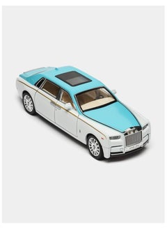 A white Rolls-Royce Phantom with blue metal trim and headlights - 1:24