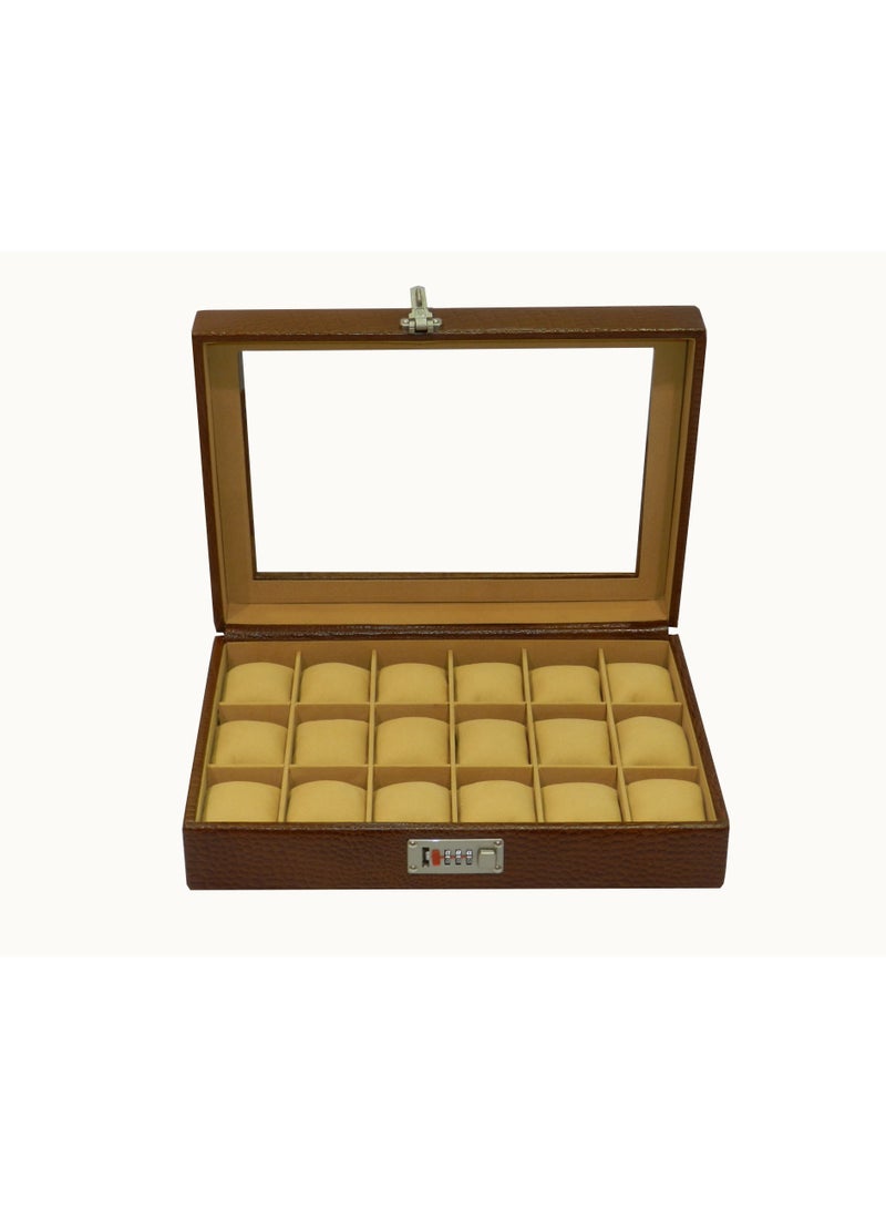 LAVERI LEATHER Laveri Watch Box for Men Women (18 Slots), Premium  Leather Watch Case  Organizer with Crystal Glass Top, Removable Pillow - Image 1