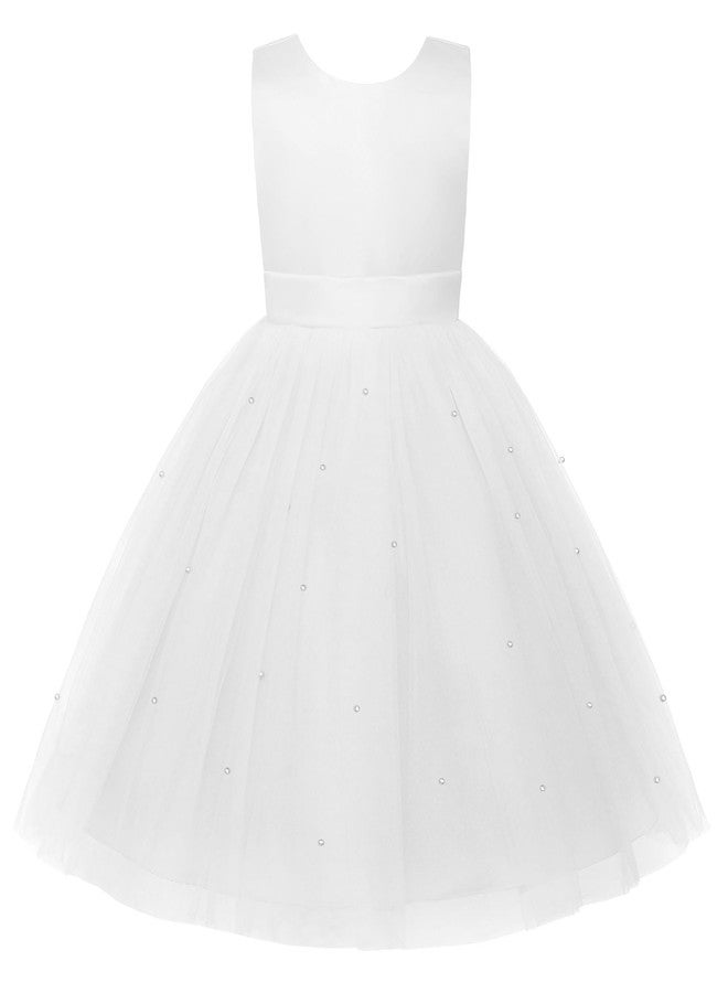 Uhnice Flower Girl Dress Satin Ball Gown for Wedding Party with Bowknot (White, 90/18-24 Months) - Image 3