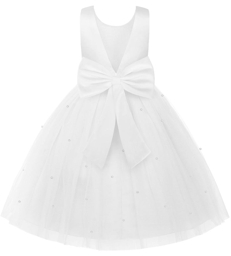 Uhnice Flower Girl Dress Satin Ball Gown for Wedding Party with Bowknot (White, 90/18-24 Months) - Image 1