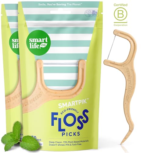 SmartLifeco Eco-Friendly Dental Floss Picks (100ct) - Flossers Made with Straw Wheat Blend, Superior Anti-Shred Thread for Tight Gaps, Tooth Pick Stick for Adults, Soft on Gum & Teeth, Vegan, Mint - Image 1