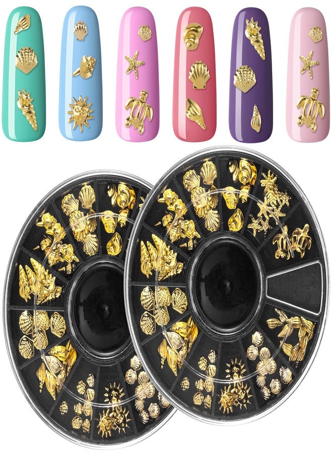 Mxxipp 2 Disc Gold Ocean Theme Nail Charms, 3D Summer Beach Starfish Seashell Nail Accessories, Non-Faded Alloy Nail Art Gems Rhinestones Decorations for Manicure Design Embellishments - Image 1