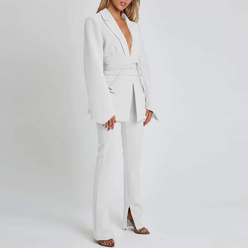 Fashion Solid Color Long Sleeve Cardigan Strap Coat Womens Casual Elegant Autumn and Winter Belt Design Sense suit Pants for Women White suit