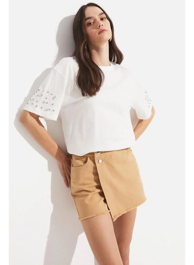 JUNE June Women's Oversize Crew Neck Stone Detailed T-Shirt