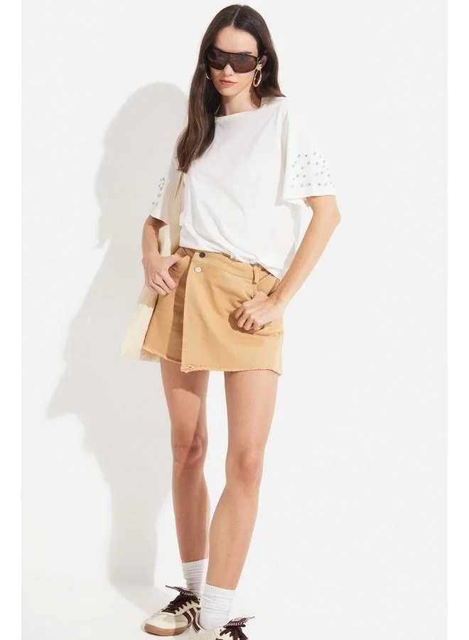 JUNE June Women's Oversize Crew Neck Stone Detailed T-Shirt