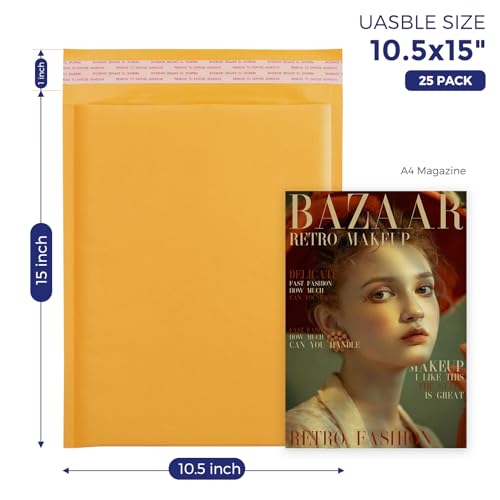 Fuxury Kraft Bubble Mailer 10.5X16 Inch 25 Pack,Strong Adhesion Padded Envelopes,Usable Size 10.5X15", Self Seal Bubble Envelopes,Waterproof Padded Mailers Packaging for Small Business,#5 Yellow - Image 2
