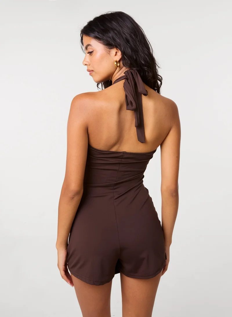 بينك فانيلا Halterneck Playsuit with Gold Buckle Detail