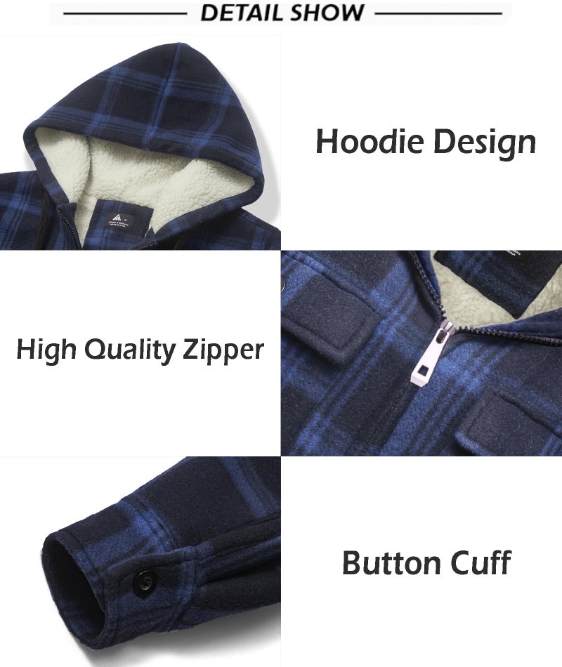 SCODI Men's Flannel Shirt Jacket Fleece Sherpa Lined Plaid Jackets Coat Full Zip Up Hoodie Winter Outwear Navy Large - Image 5