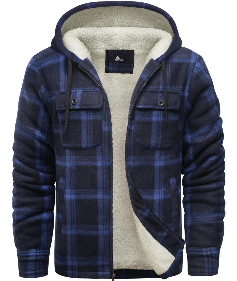 SCODI Men's Flannel Shirt Jacket Fleece Sherpa Lined Plaid Jackets Coat Full Zip Up Hoodie Winter Outwear Navy Large - Image 1