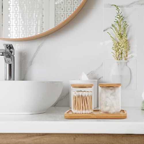 BKYFPQ Bamboo Vanity Tray, Bathroom Tray Organizer Glass Qtip Holder Dispenser Apothecary Jars for Cotton Swabs Balls, Round Pad, Perfume Candles, Cosmetics and Jewelry Storage Organizer - Image 2