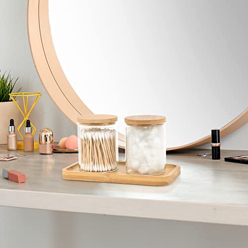 BKYFPQ Bamboo Vanity Tray, Bathroom Tray Organizer Glass Qtip Holder Dispenser Apothecary Jars for Cotton Swabs Balls, Round Pad, Perfume Candles, Cosmetics and Jewelry Storage Organizer - Image 4