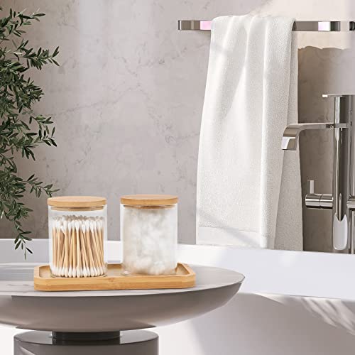 BKYFPQ Bamboo Vanity Tray, Bathroom Tray Organizer Glass Qtip Holder Dispenser Apothecary Jars for Cotton Swabs Balls, Round Pad, Perfume Candles, Cosmetics and Jewelry Storage Organizer - Image 3