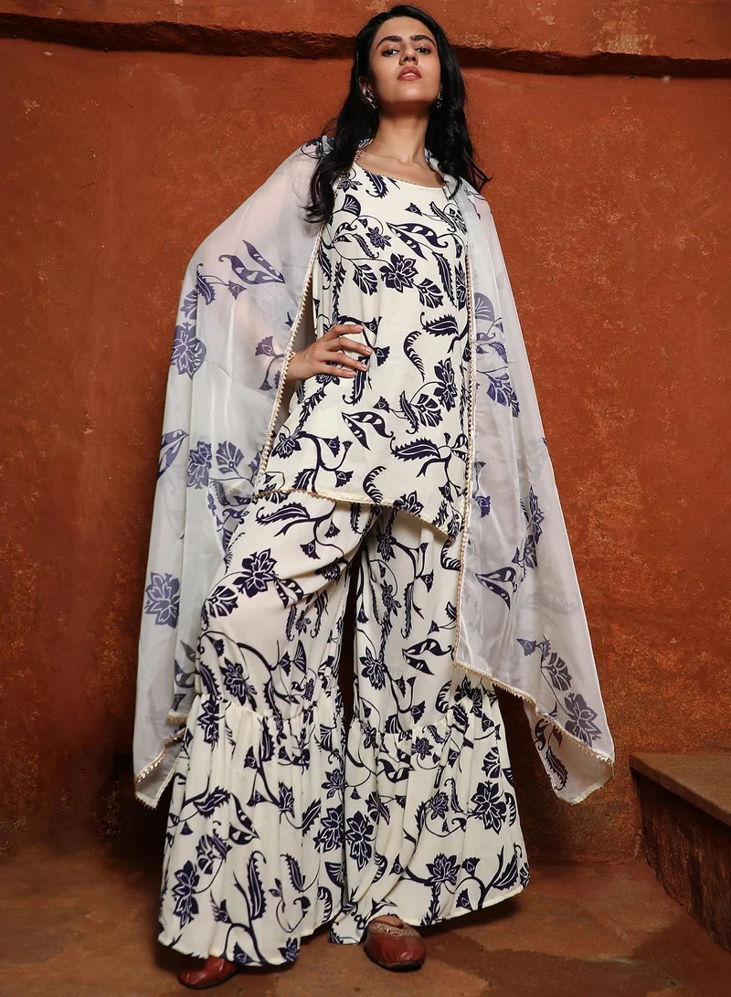 QISSA Women's Ivory White Botanical Kurti And Sharara Set