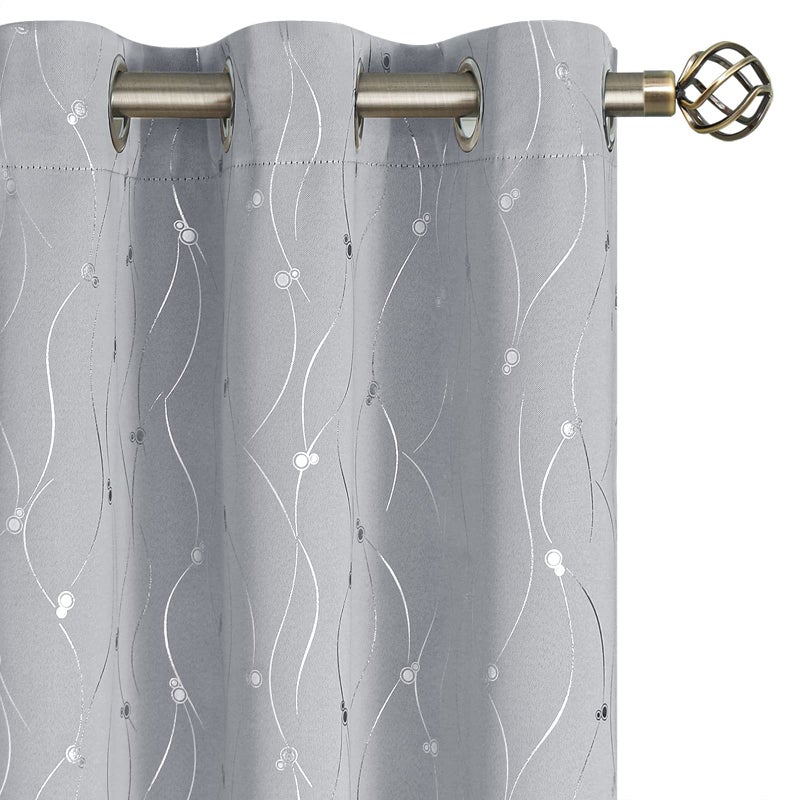BGment Room Darkening Curtains 63 Inches Long  Grommet Thermal Insulated Blackout Curtains with Wave Line and Dots Printed for Bedroom  2 Panels  Each 38 x 63 Inch  Light Grey - Image 1