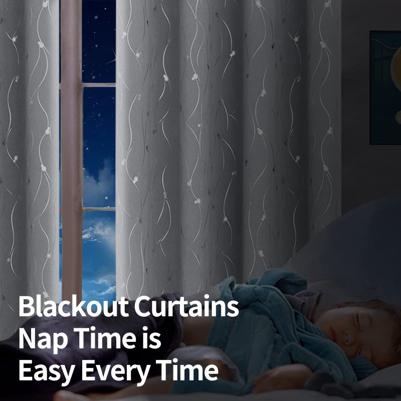 BGment Room Darkening Curtains 63 Inches Long  Grommet Thermal Insulated Blackout Curtains with Wave Line and Dots Printed for Bedroom  2 Panels  Each 38 x 63 Inch  Light Grey - Image 2