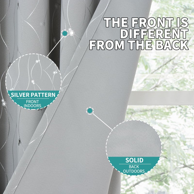 BGment Room Darkening Curtains 63 Inches Long  Grommet Thermal Insulated Blackout Curtains with Wave Line and Dots Printed for Bedroom  2 Panels  Each 38 x 63 Inch  Light Grey - Image 3