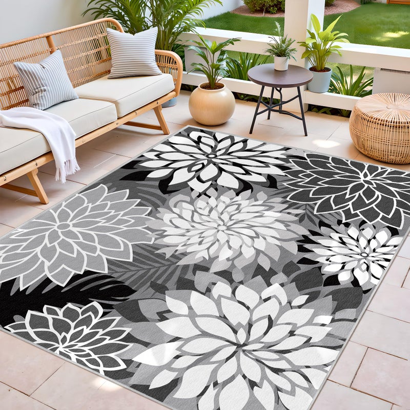 Arenarug 5x8 Outdoor Area Rug Washable Multicolored Patio Rug Tropical Botanical Floral Chenille Waterproof Outdoor Carpet for Living Room, Deck, Backyard, Porch, Black - Image 3
