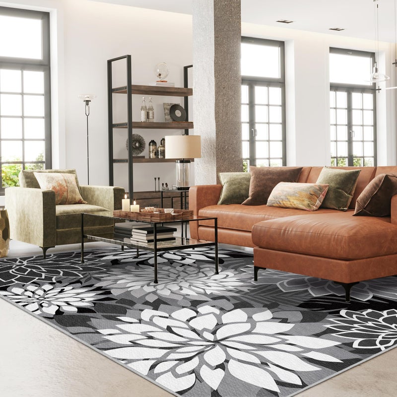 Arenarug 5x8 Outdoor Area Rug Washable Multicolored Patio Rug Tropical Botanical Floral Chenille Waterproof Outdoor Carpet for Living Room, Deck, Backyard, Porch, Black - Image 2