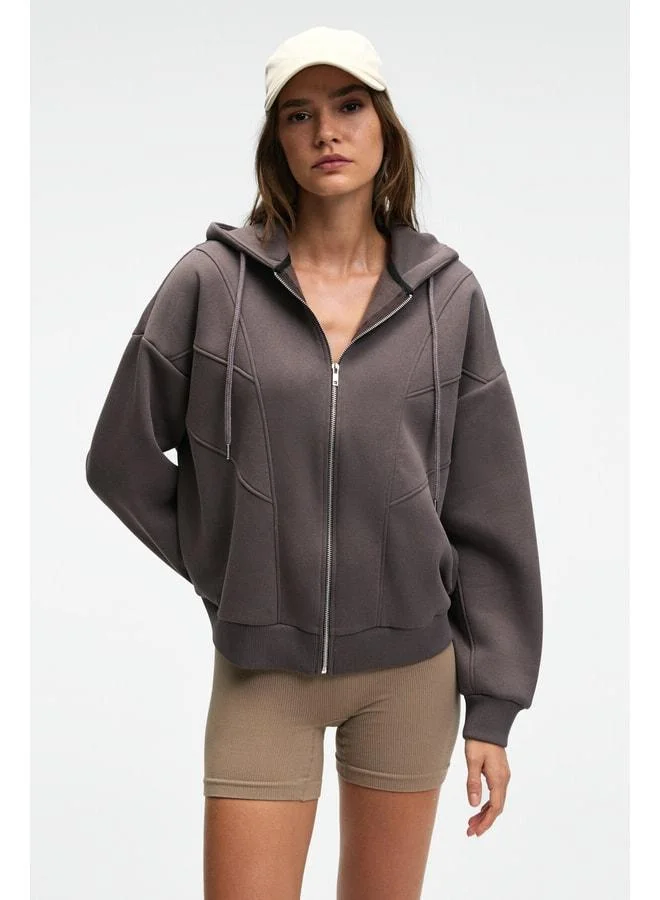 GRIMELANGE VYSELLE Women's Front Cut Metal Zipper Hooded Tag-Detail Oversize Anthracite Sweatshirt.