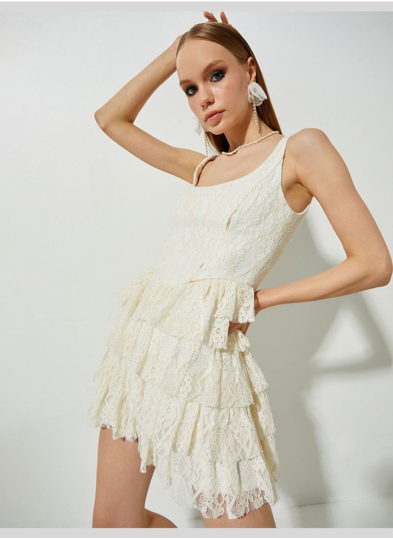 KOTON Lacy Tiered U Neck Strappy Mini Bridal Dress  - Image 2