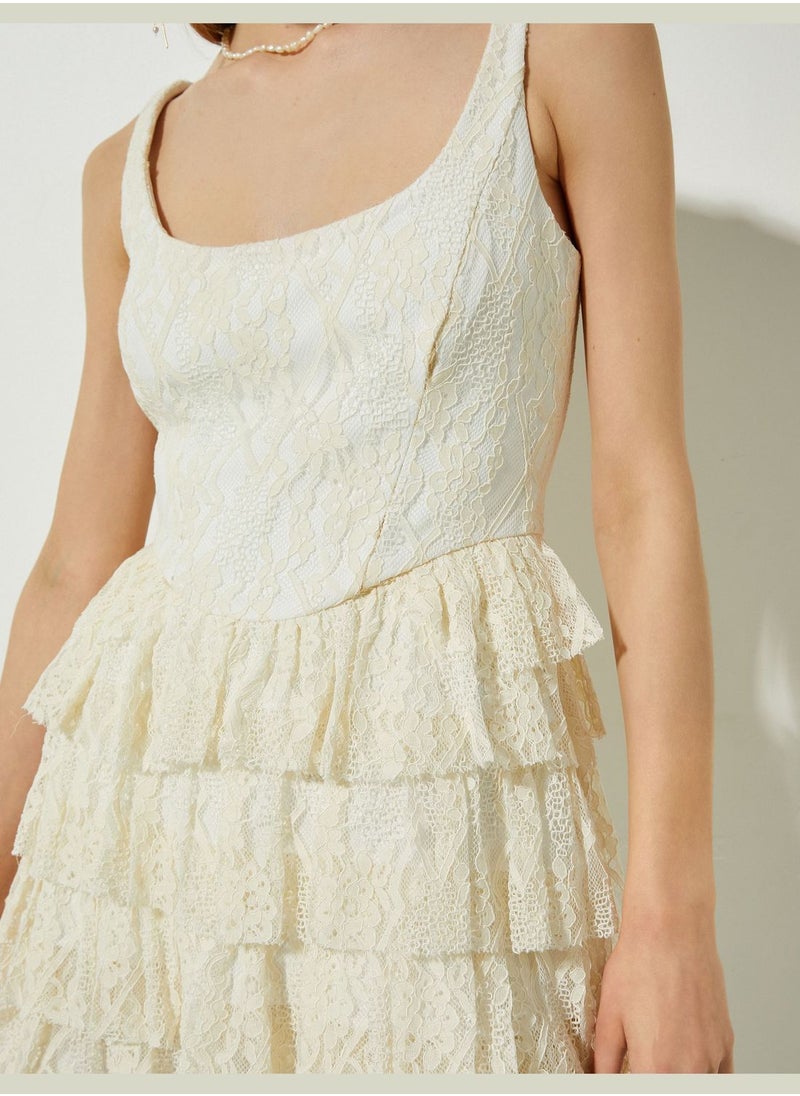 KOTON Lacy Tiered U Neck Strappy Mini Bridal Dress  - Image 5