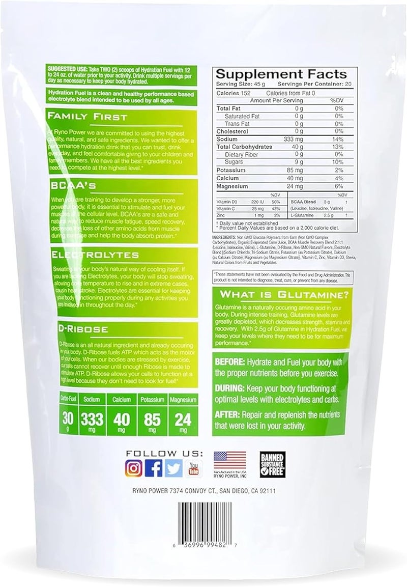 Ryno Power Hydration Fuel Electrolyte Drink Mix 2lb 20 Servings Lemon Lime  Advanced Electrolyte Formula  BCAAs  Gluten Free  Sustained Energy and Muscle Recovery - Image 2