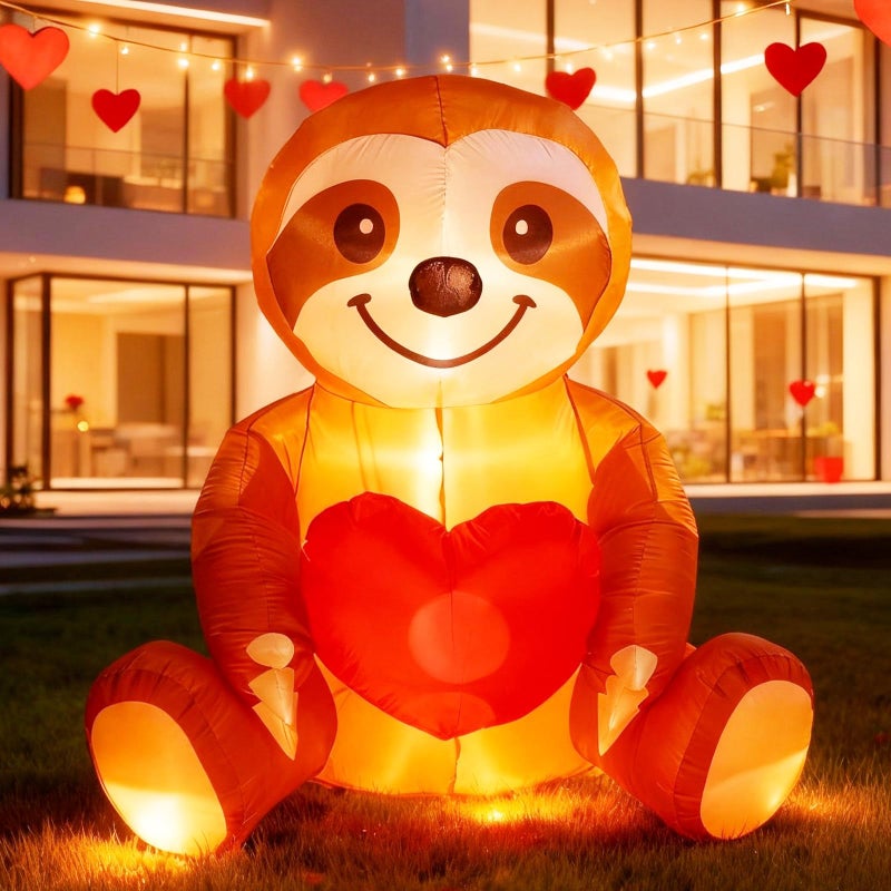 Glooglitter 4ft Valentine's Day Inflatable Outdoor Decorations Sloth with Love Heart LED Lighted Valentines Blow up Yard Decorations for Anniversary Wedding Propose Garden Lawn Indoor Outdoor Decor - Image 1