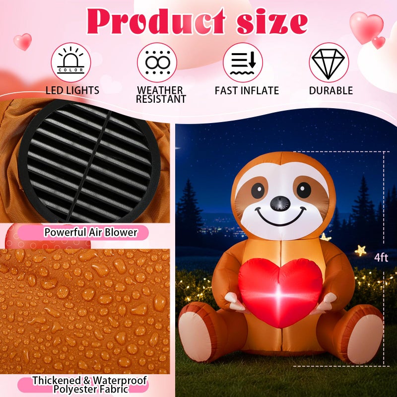 Glooglitter 4ft Valentine's Day Inflatable Outdoor Decorations Sloth with Love Heart LED Lighted Valentines Blow up Yard Decorations for Anniversary Wedding Propose Garden Lawn Indoor Outdoor Decor - Image 2