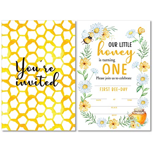 Soiceu Cute Bee-Day Bee 1st Birthday Invitations with Envelopes Set of 20 Watercolors Beehive Bee 1 Year Old First Birthday Party Invites - Image 1