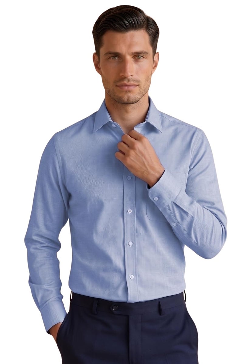 LOUIS PHILIPPE قميص رجالي من قطن لويس فيليب بقصة ضيقة (LPSFMSLFS89743_Blue, 42) - Image 1