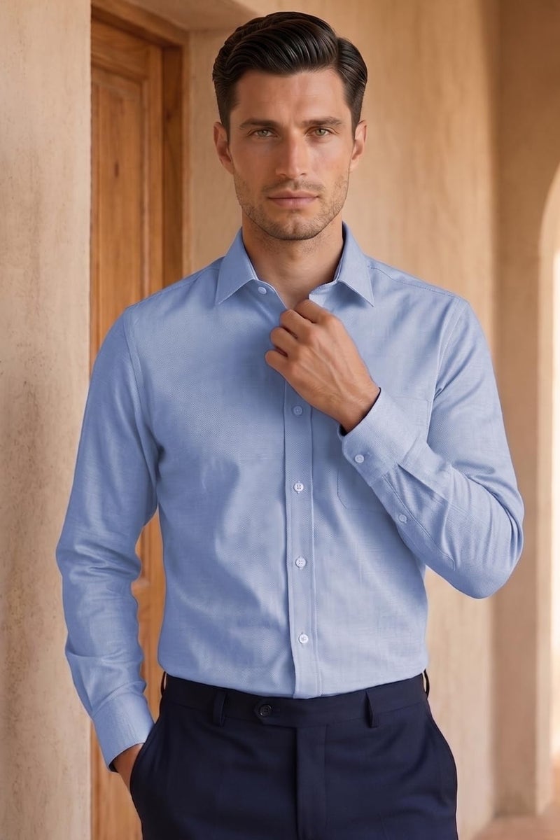 LOUIS PHILIPPE قميص رجالي من قطن لويس فيليب بقصة ضيقة (LPSFMSLFS89743_Blue, 42) - Image 2