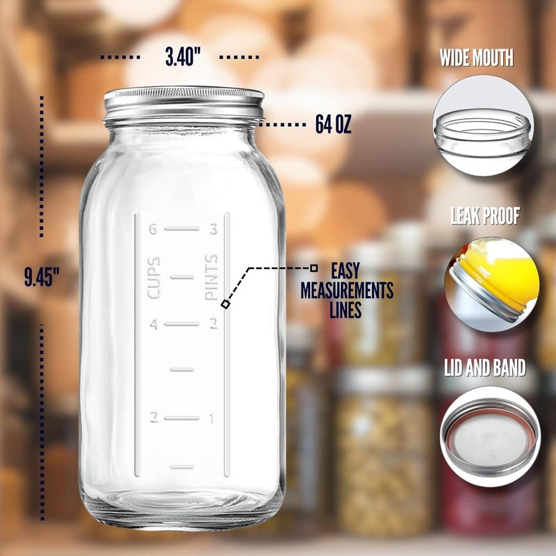 PR1M3 64 oz Mason Jar Wide Mouth, 2 Pack Large Half Gallon Mason Jars with Airtight Band & Lid, Clear Glass Jars for Canning, Fermenting, Pickling, Storing. - Image 4