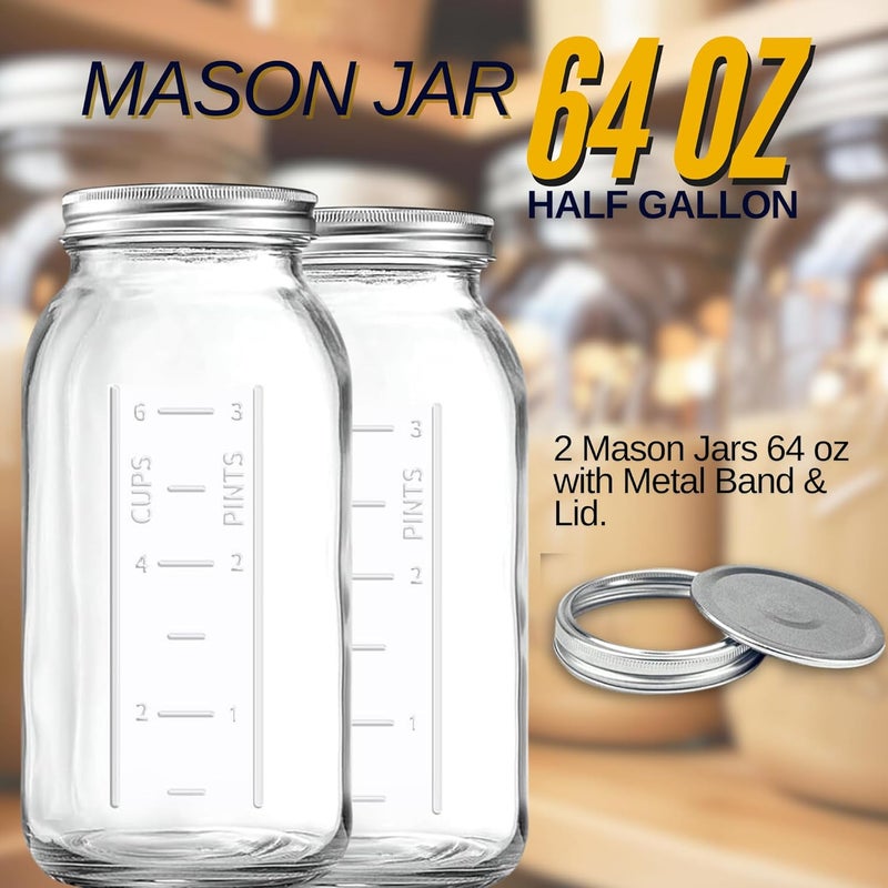 PR1M3 64 oz Mason Jar Wide Mouth, 2 Pack Large Half Gallon Mason Jars with Airtight Band & Lid, Clear Glass Jars for Canning, Fermenting, Pickling, Storing. - Image 5