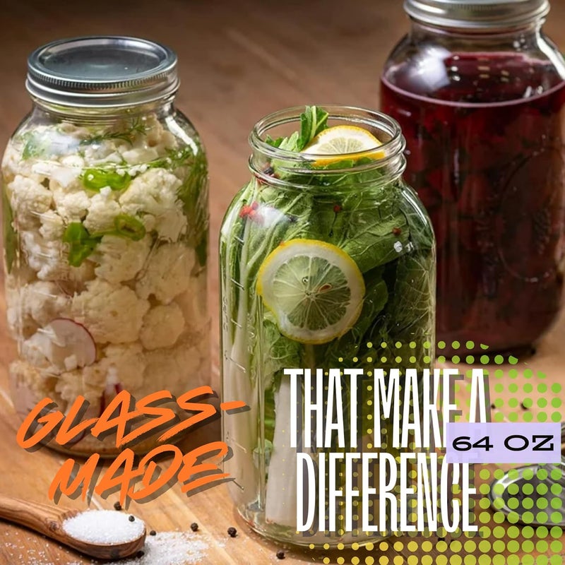 PR1M3 64 oz Mason Jar Wide Mouth, 2 Pack Large Half Gallon Mason Jars with Airtight Band & Lid, Clear Glass Jars for Canning, Fermenting, Pickling, Storing. - Image 2